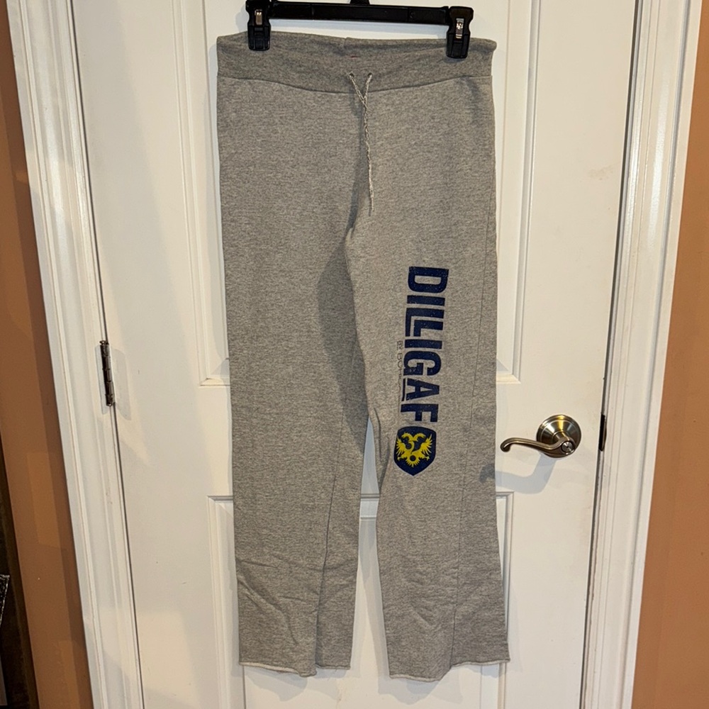 Gray Sweatpants with Blue DILLIGAF Logo drawstring waistline sz med